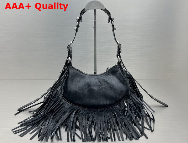 Balenciaga Le Cagole XS Shoulder Bag in Black Arene Lambskin with Fringes Replica