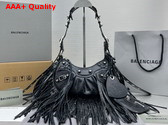 Balenciaga Le Cagole XS Shoulder Bag in Black Arene Lambskin with Fringes Replica