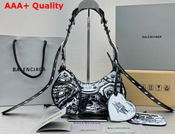 Balenciaga Le Cagole XS Shoulder Bag in Black and White Graffiti Printed Arena Lambskin Aged Silver Hardware Replica