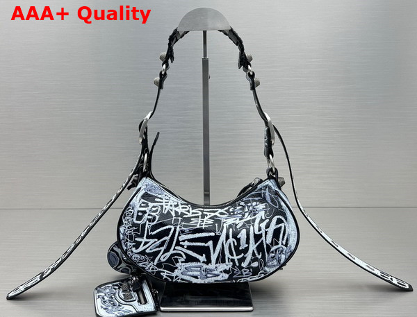 Balenciaga Le Cagole XS Shoulder Bag in Black and White Graffiti Printed Arena Lambskin Aged Silver Hardware Replica