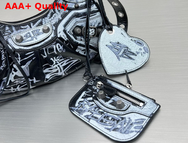 Balenciaga Le Cagole XS Shoulder Bag in Black and White Graffiti Printed Arena Lambskin Aged Silver Hardware Replica