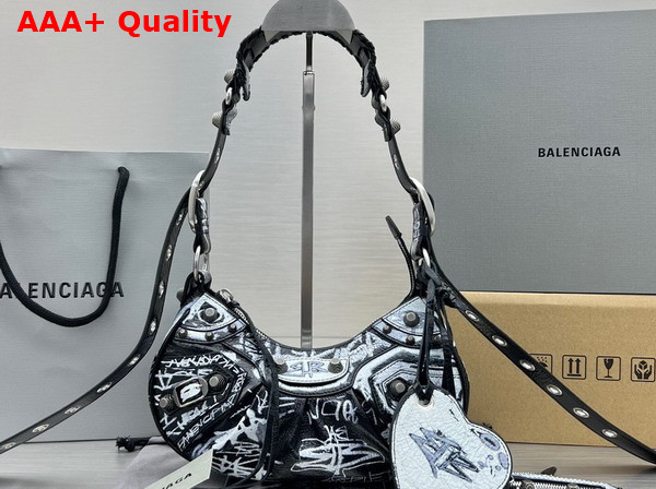 Balenciaga Le Cagole XS Shoulder Bag in Black and White Graffiti Printed Arena Lambskin Aged Silver Hardware Replica