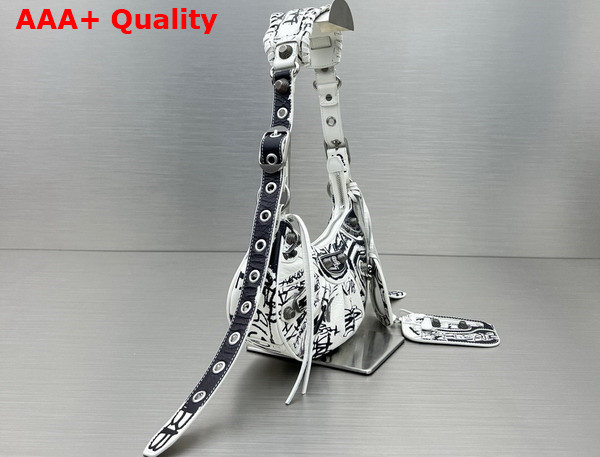 Balenciaga Le Cagole XS Shoulder Bag in White and Black Graffiti Printed Arena Lambskin Aged Silver Hardware Replica