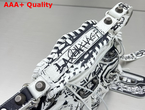 Balenciaga Le Cagole XS Shoulder Bag in White and Black Graffiti Printed Arena Lambskin Aged Silver Hardware Replica