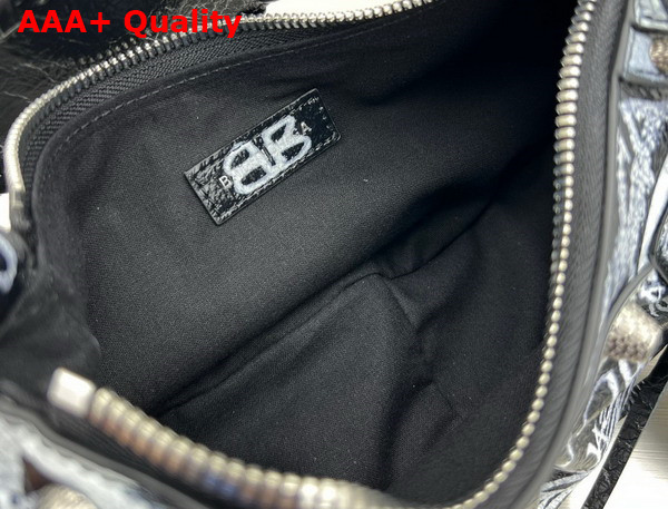 Balenciaga Le Cagole XS Shoulder Bag in White and Black Graffiti Printed Arena Lambskin Aged Silver Hardware Replica