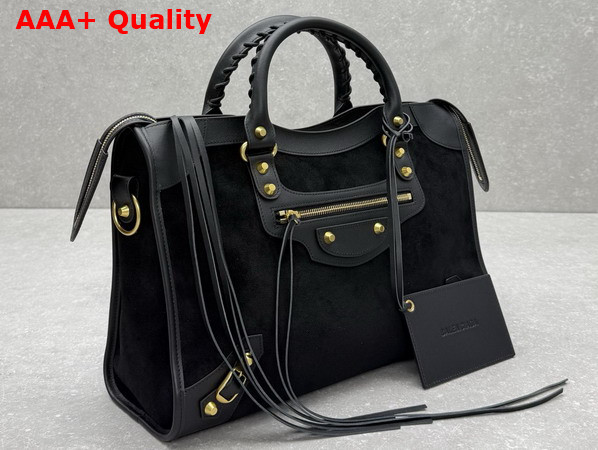 Balenciaga Le City Bag Medium in Black Suede Calfskin and Smooth Calfskin with Aged Gold Hardware Replica