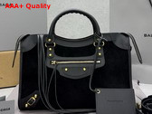 Balenciaga Le City Bag Medium in Black Suede Calfskin and Smooth Calfskin with Aged Gold Hardware Replica