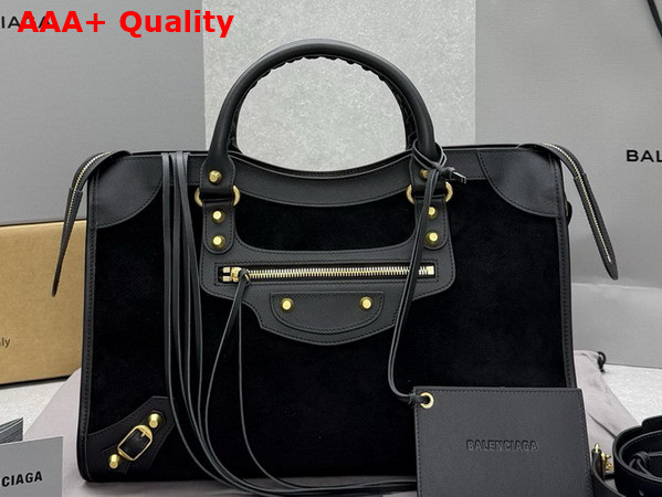 Balenciaga Le City Bag Medium in Black Suede Calfskin and Smooth Calfskin with Aged Gold Hardware Replica