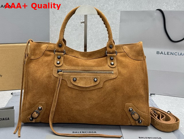 Balenciaga Le City Bag Medium in Camel Suede Calfskin Brass Hardware Replica