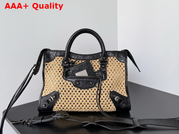 Balenciaga Le City Bag Small in Natural Beige Raffia and Black Arena Lambskin Brass Hardware Replica