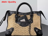 Balenciaga Le City Bag Small in Natural Beige Raffia and Black Arena Lambskin Brass Hardware Replica