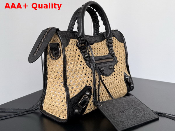 Balenciaga Le City Bag Small in Natural Beige Raffia and Black Arena Lambskin Brass Hardware Replica