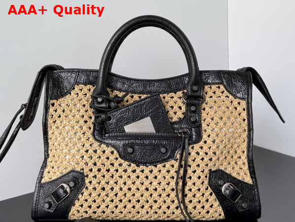 Balenciaga Le City Bag Small in Natural Beige Raffia and Black Arena Lambskin Brass Hardware Replica