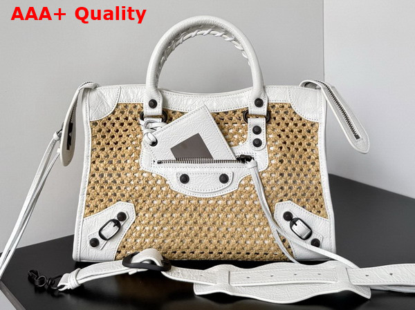 Balenciaga Le City Bag Small in Natural Beige Raffia and Optic White Arena Lambskin Brass Hardware Replica