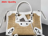 Balenciaga Le City Bag Small in Natural Beige Raffia and Optic White Arena Lambskin Brass Hardware Replica