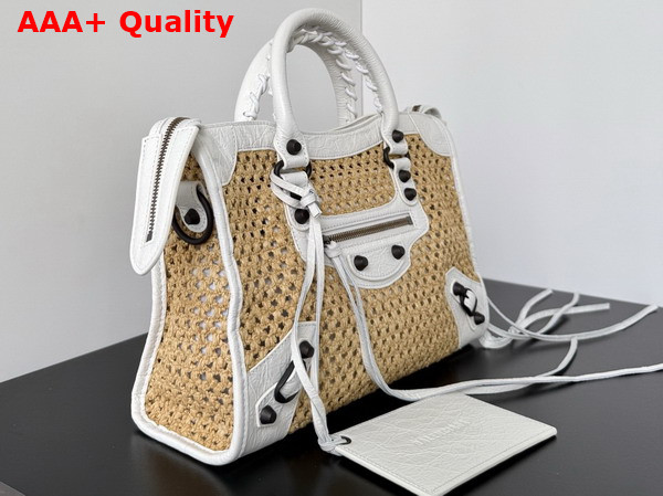 Balenciaga Le City Bag Small in Natural Beige Raffia and Optic White Arena Lambskin Brass Hardware Replica