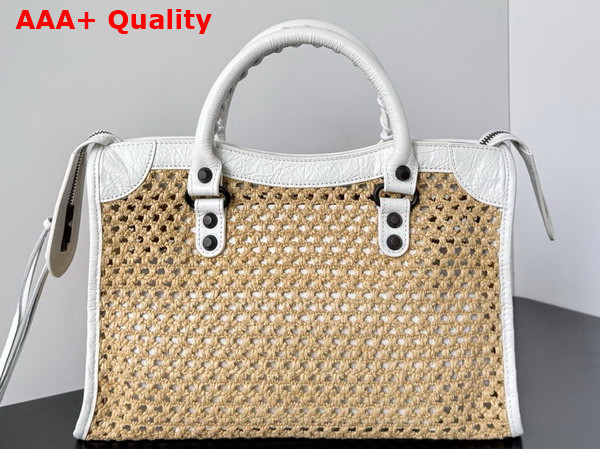 Balenciaga Le City Bag Small in Natural Beige Raffia and Optic White Arena Lambskin Brass Hardware Replica