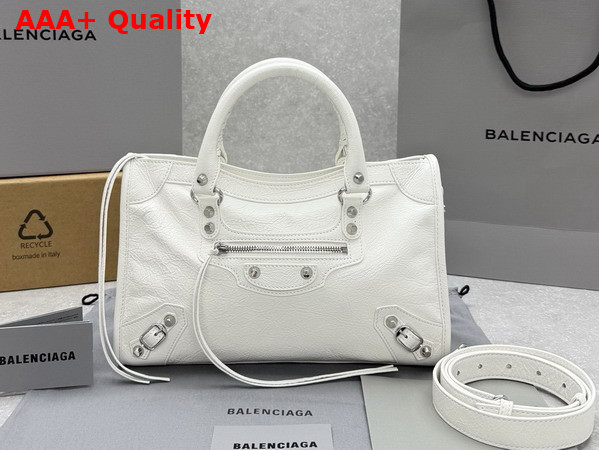 Balenciaga Le City Bag Small in Optic White Arena Lambskin with Shiny Silver Hardware Replica