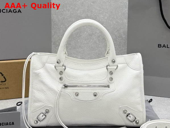 Balenciaga Le City Bag Small in Optic White Arena Lambskin with Shiny Silver Hardware Replica
