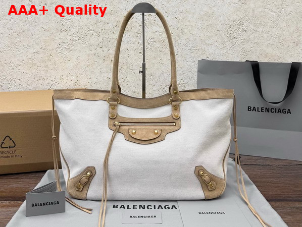 Balenciaga Le City Beach Tote Bag Medium in Natural Beige Linen Canvas with Camel Waxed Suede Calfskin Trims Replica