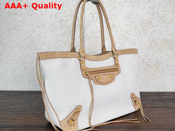 Balenciaga Le City Beach Tote Bag Medium in Natural Beige Linen Canvas with Camel Waxed Suede Calfskin Trims Replica
