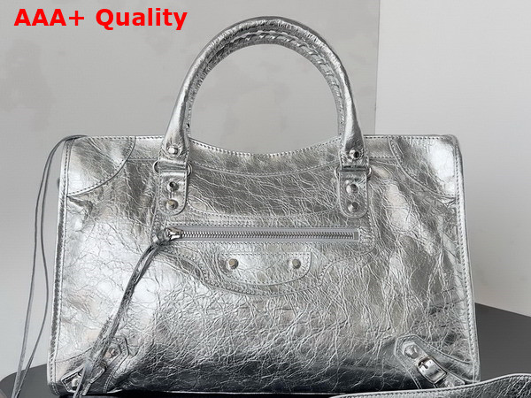 Balenciaga Le City Medium Bag in Silver Metallized Arena Lambskin Replica