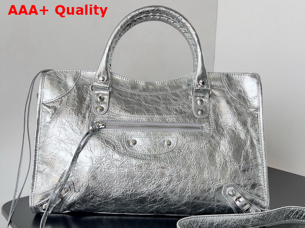 Balenciaga Le City Medium Bag in Silver Metallized Arena Lambskin Replica