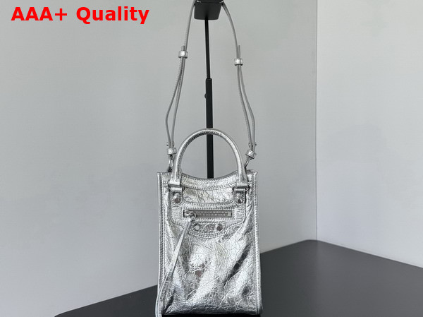Balenciaga Le City Tote Phone Holder in Silver Metallized Arena Lambskin Replica