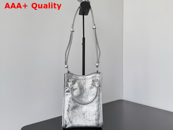 Balenciaga Le City Tote Phone Holder in Silver Metallized Arena Lambskin Replica
