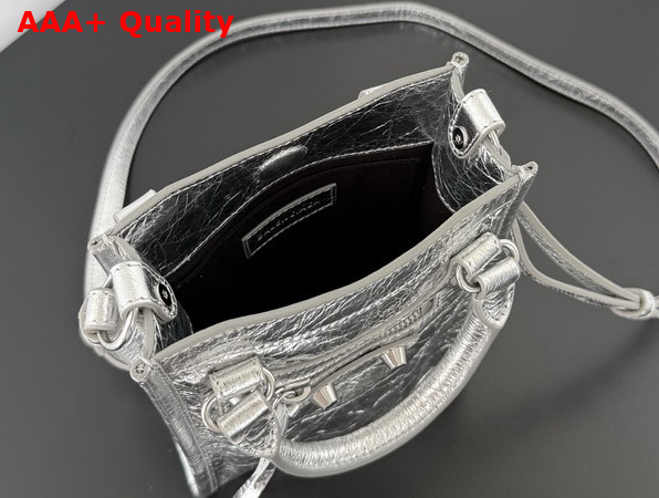 Balenciaga Le City Tote Phone Holder in Silver Metallized Arena Lambskin Replica