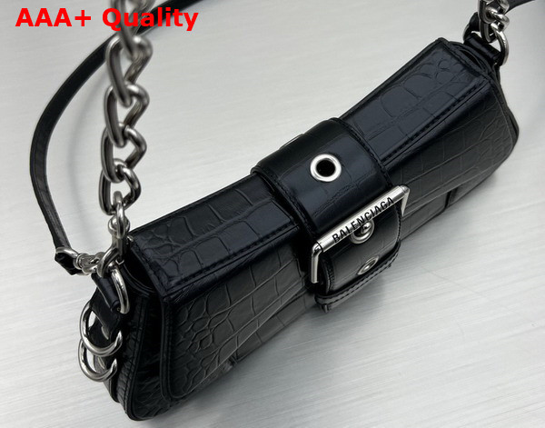 Balenciaga Lindsay Small Shoulder Bag With Strap in Black Matte Supple Crocodile Embossed Calfskin Aged Silver Hardware Replica