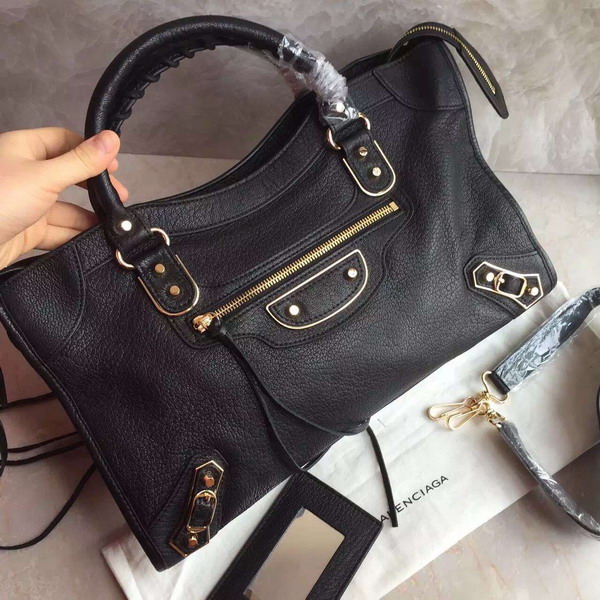 Balenciaga Metallic Edge City Bag in Black Shiny Grained Goatskin with Gold Metal For Sale