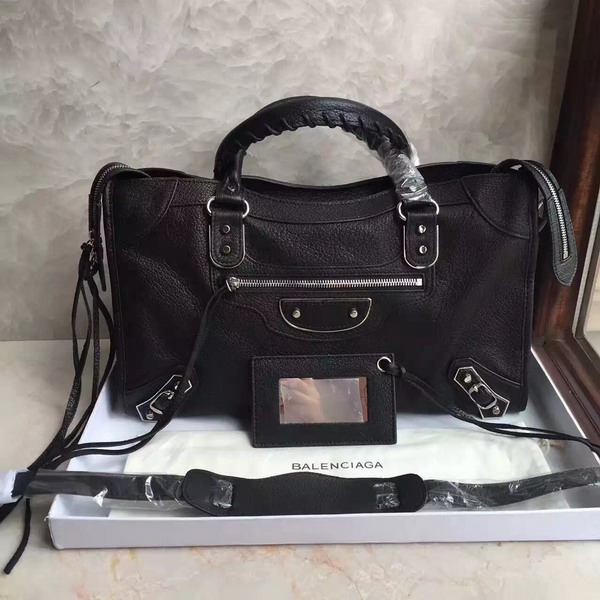 Balenciaga Metallic Edge City Bag in Black Shiny Grained Goatskin with Silver Metal For Sale