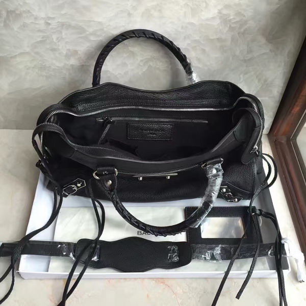 Balenciaga Metallic Edge City Bag in Black Shiny Grained Goatskin with Silver Metal For Sale