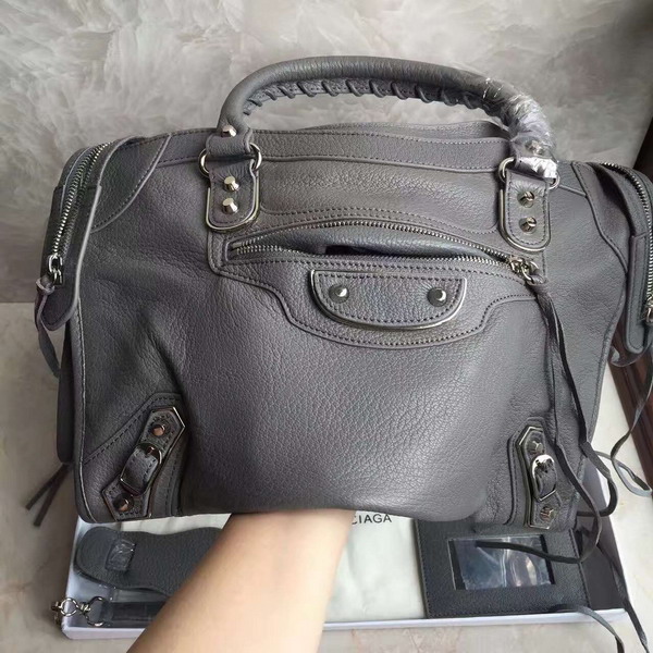 Balenciaga Metallic Edge City Bag in Dark Grey Shiny Grained Goatskin with Silver Metal For Sale