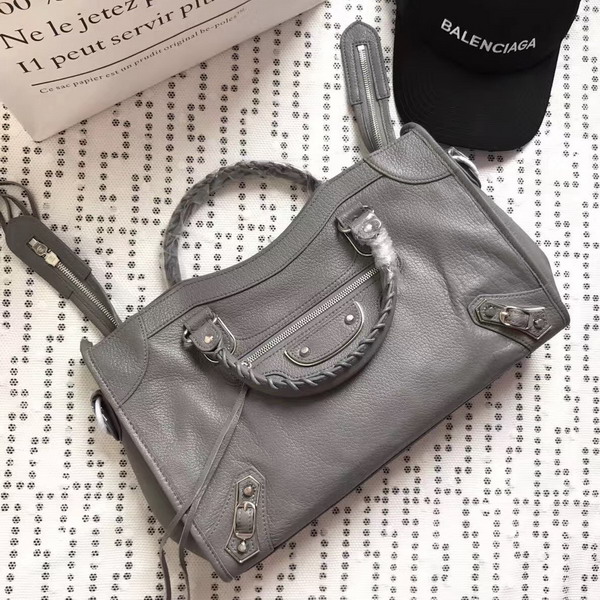 Balenciaga Metallic Edge City Bag in Grey Shiny Grained Goatskin with Silver Metal For Sale