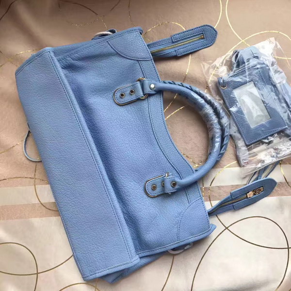 Balenciaga Metallic Edge City Bag in Light Blue Shiny Grained Goatskin with Silver Metal For Sale