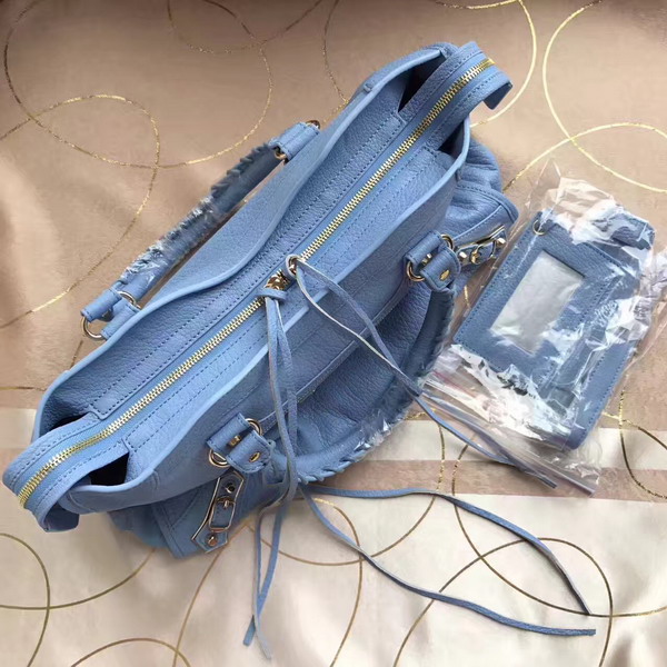 Balenciaga Metallic Edge City Bag in Light Blue Shiny Grained Goatskin with Silver Metal For Sale