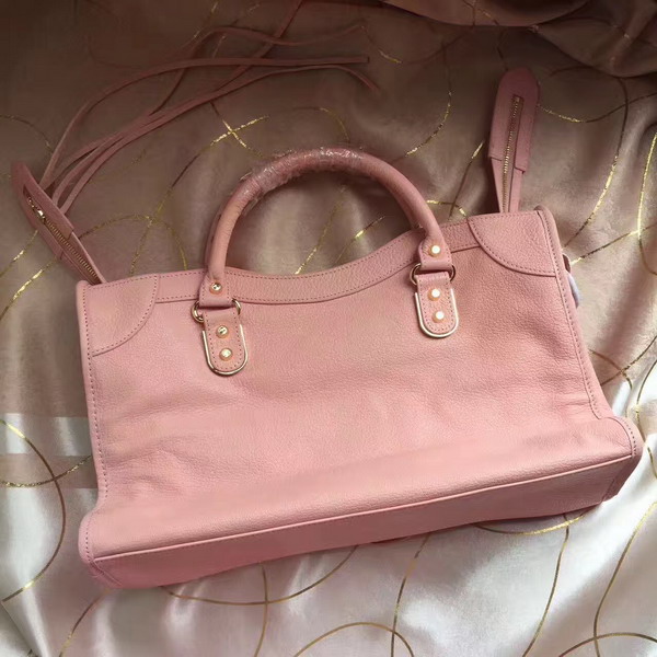 Balenciaga Metallic Edge City Bag in Light Pink Shiny Grained Goatskin with Gold Metal For Sale