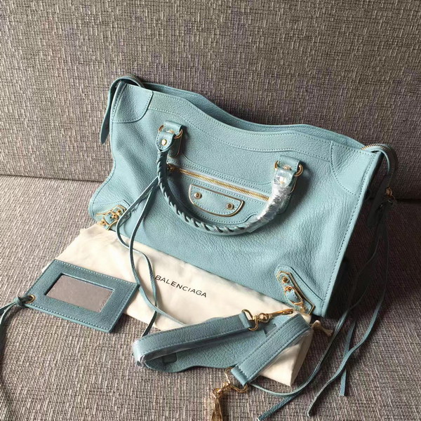 Balenciaga Metallic Edge City Bag in Sky Blue Shiny Grained Goatskin with Gold Metal For Sale