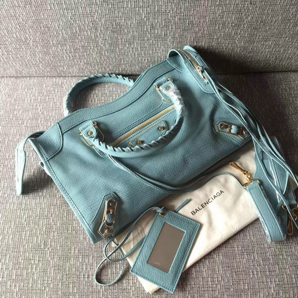 Balenciaga Metallic Edge City Bag in Sky Blue Shiny Grained Goatskin with Gold Metal For Sale
