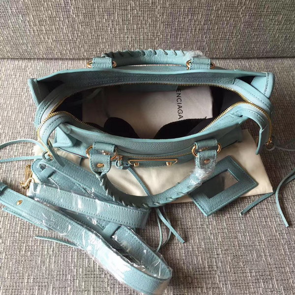 Balenciaga Metallic Edge City S in Sky Blue Shiny Grained Goatskin with Gold Metal For Sale