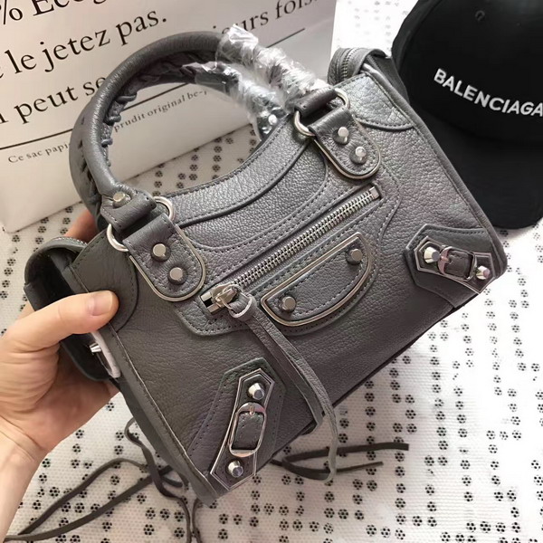 Balenciaga Metallic Edge Mini City Bag in Grey Shiny Grained Goatskin with Gold Metal For Sale
