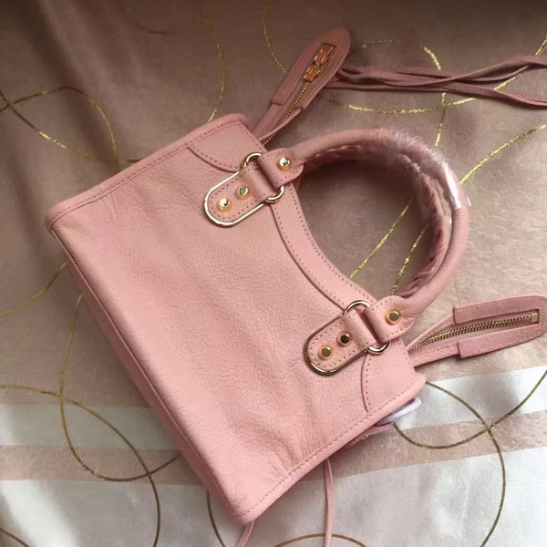 Balenciaga Metallic Edge Mini City Bag in Pink Shiny Grained Goatskin with Gold Metal For Sale