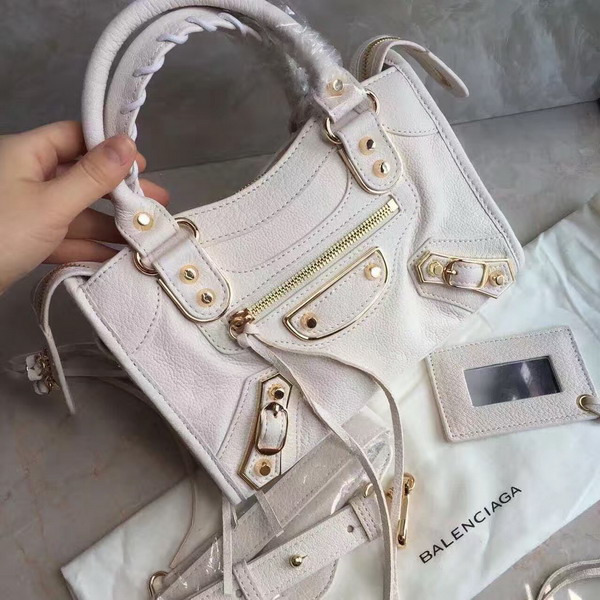Balenciaga Metallic Edge Mini City Bag in White Shiny Grained Goatskin with Gold Metal For Sale