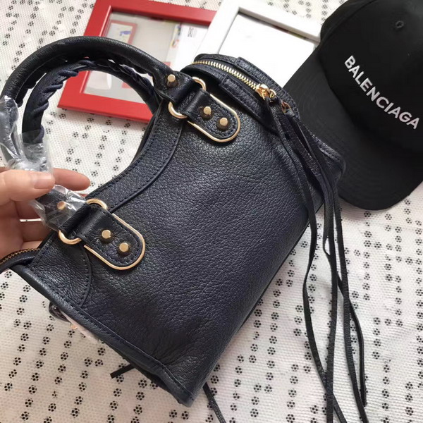 Balenciaga Metallic Edge Mini City Handbag in Midnight Blue Shiny Grained Goatskin with Gold Metal For Sale