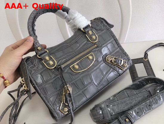 Balenciaga Mini Metallic Edge City Handbag Grey Crocodile Effect Replica