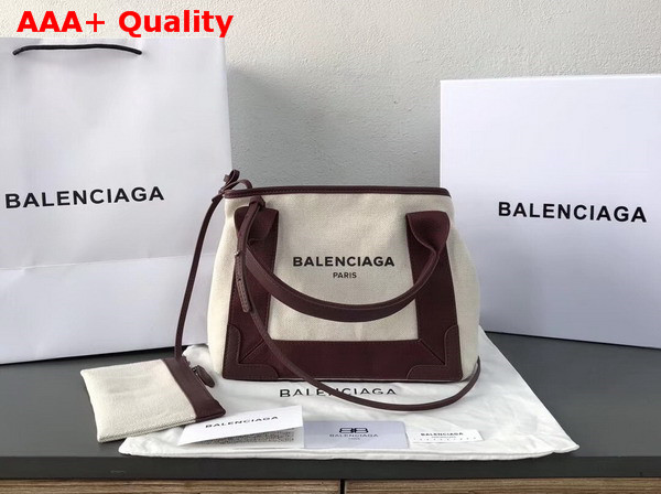 Balenciaga Navy Cabas S Cotton Canvas Summer Bag Natural Burgundy Replica
