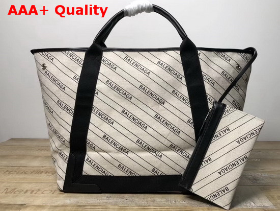 Balenciaga Navy Cabas S Stripe Logo Natural and Black Replica