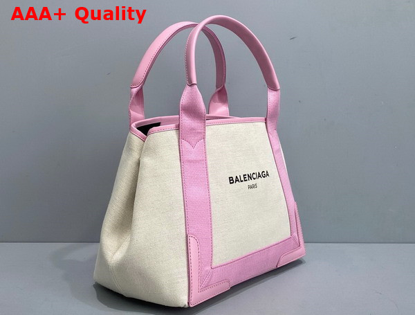 Balenciaga Navy Small Cabas in Light Beige Cotton Canvas and Pink Calfskin Replica